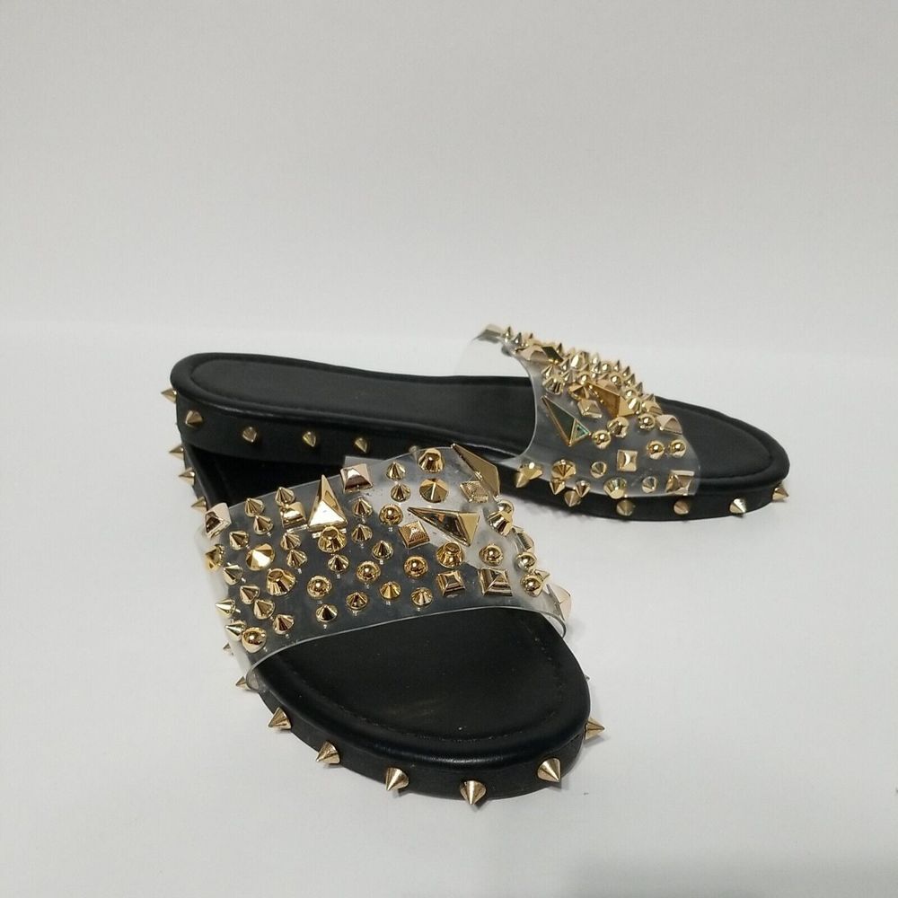 Studded pvc‎ Sandals Women's Black /Gold Size 8 Slip-On Shoes - Picture 3 of 7
